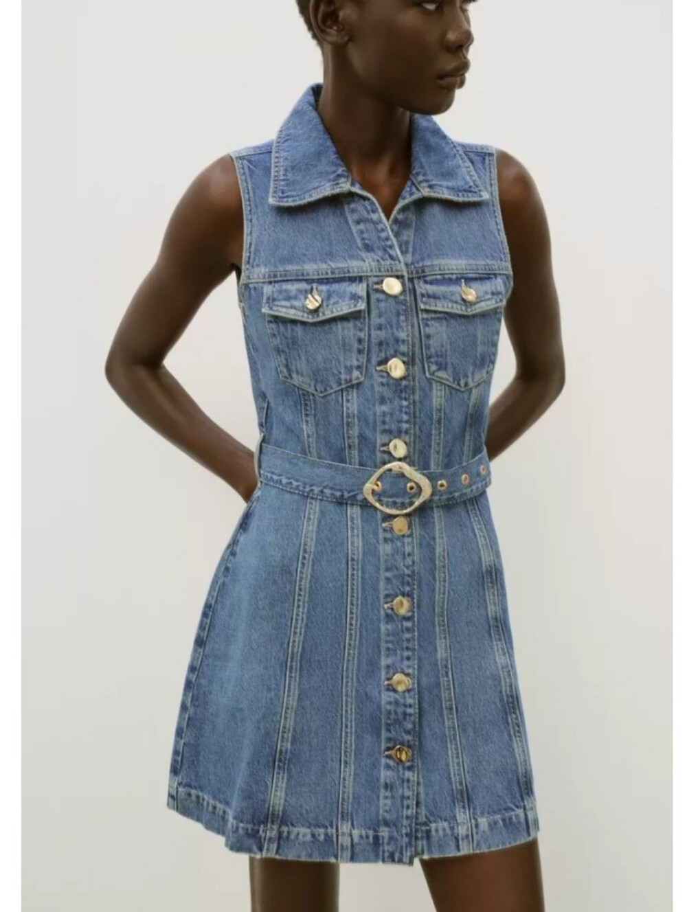Zara 1975 Belted Denim Button-Front Sleeveless Dress Mid Blue Sz- M